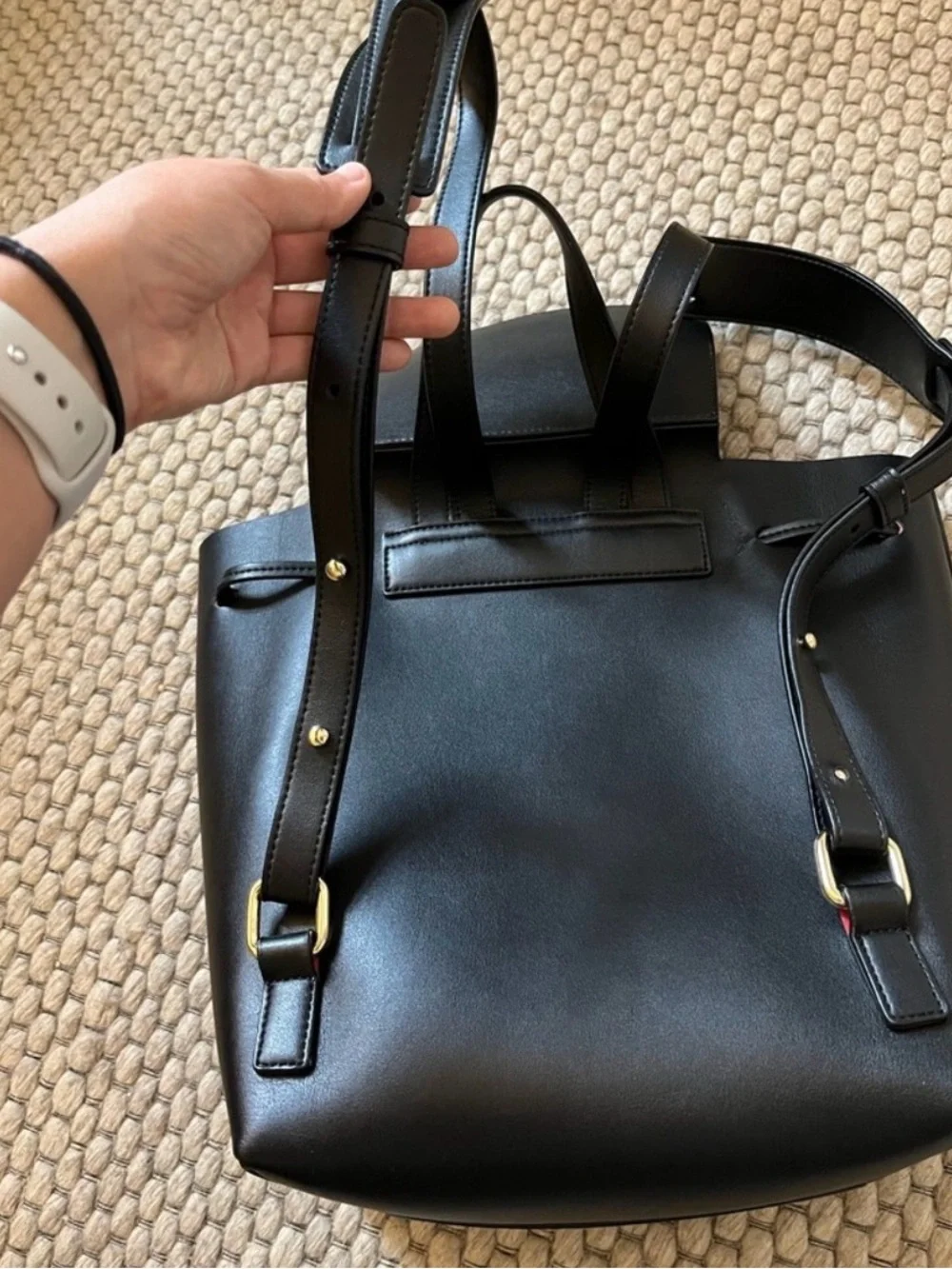 Mansur Gavriel Black Smooth Leather Backpack with Subtle Red Trim